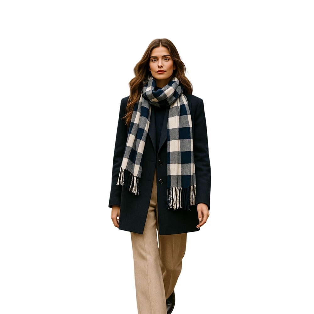 Classic Navy & White Checkered Scarf Blanket With Tassels Fall Winter Christmas